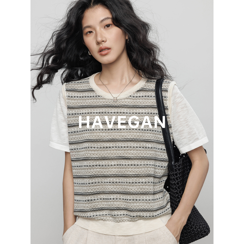 Havegan/Summer Bamboo Knit Patchwork T-Shirt for Women with Old Money Style Design