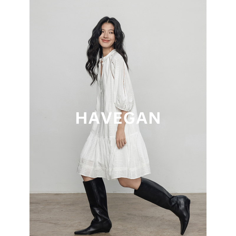 Havegan/Autumn V-Neck White Pure Cotton Dress Women's Shirt Dress 2026 New Casual Short Skirt