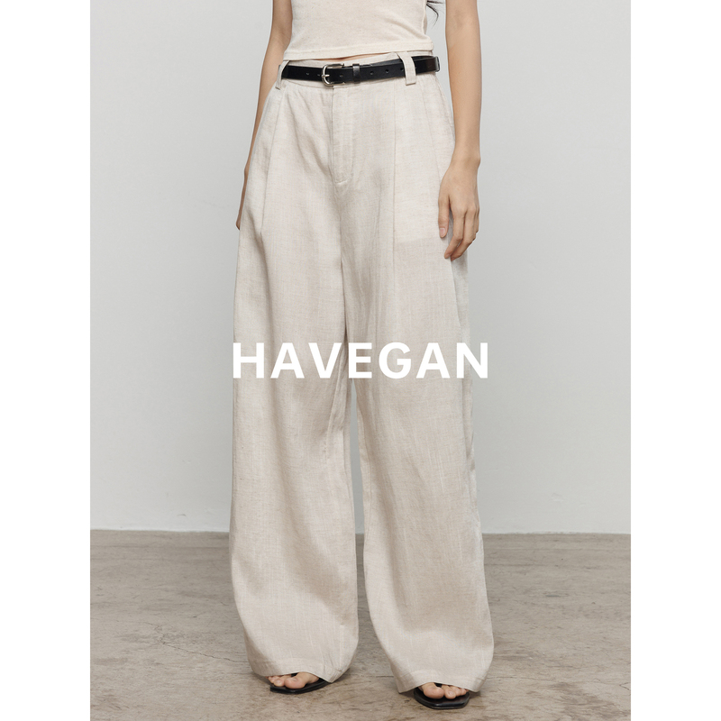 Havegan/Summer Old Money Style Tencel Linen Wide-Leg Casual Pants for Women, Relaxed Vacation High-End Trousers