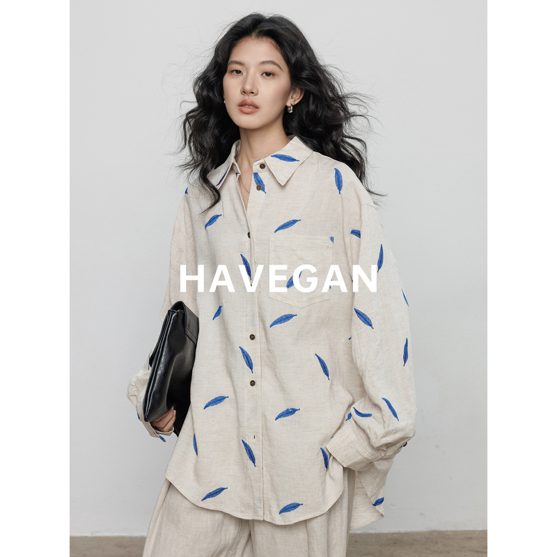 Havegan/Spring Tencel Ramie Long Sleeve Embroidered Shirt for Women 2026 New Old Money Style Casual Top