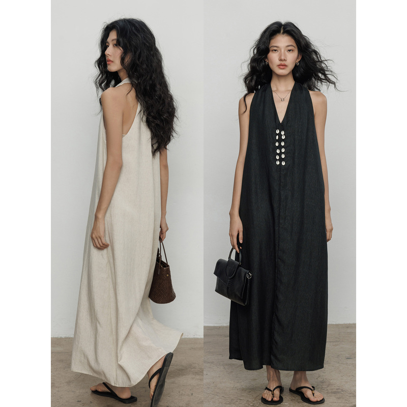 Havegan/Summer Vacation V-Neck Tencel Linen Vest Dress for Women, Relaxed Old Money Style Long Dress Havegan/Summer Vacation V-Neck Tencel Linen Vest Dress for Women, Relaxed Old Money Style Long Dress
