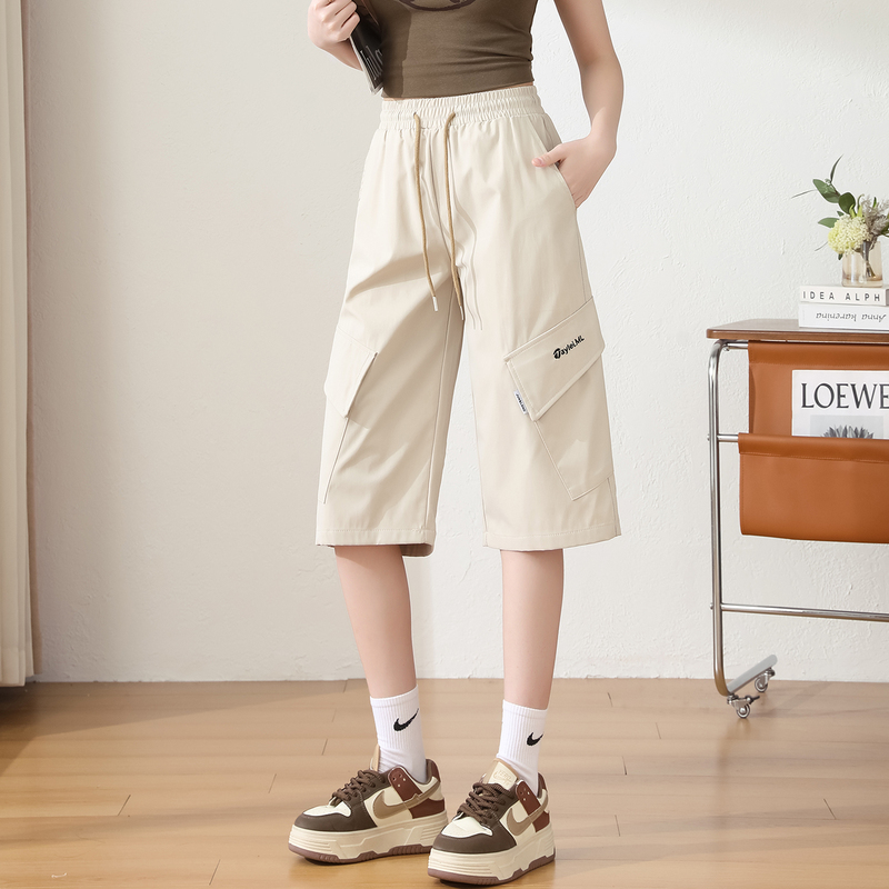 Khaki Cargo Pants for Women 2026 Summer Thin Style for Middle and High School Students Loose Large Size Straight Casual Cropped Pants
