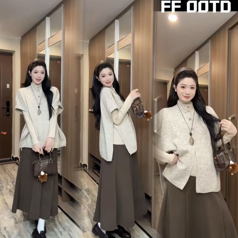 Maternity Set for Autumn and Winter: Stylish, Slimming, Loose-Fitting Knitted Cape, Knitted Base Shirt, and Woolen Skirt Three-Piece Set