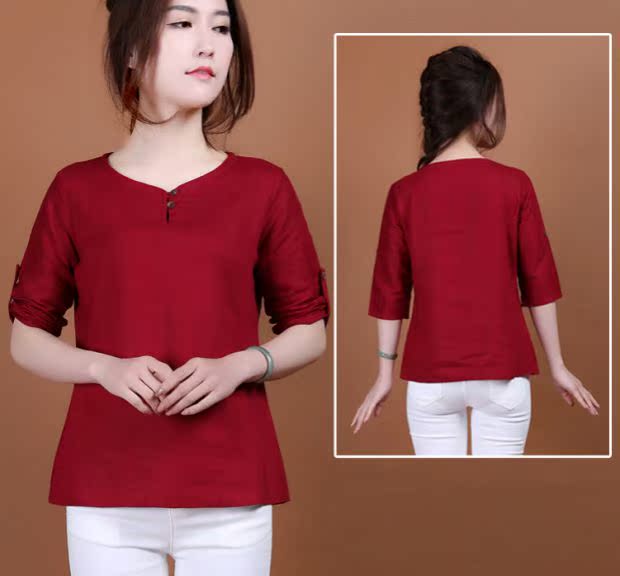 Mùa hè mới kích thước lớn của phụ nữ gió quốc gia mẹ tải cotton và vải lanh Áo thun nữ ngắn tay áo sơ mi mùa hè lỏng lẻo áo phông nữ có cổ