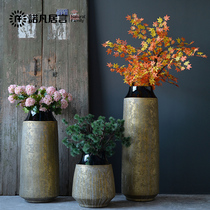 Jingdezhen floor ceramic vase flower arrangement living room decoration dry flower pot simple golden retro decoration decoration