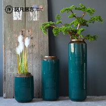 Jingdezhen ceramic floor vase living room dry flower arrangement dark green Nordic modern simple large flowerpot set