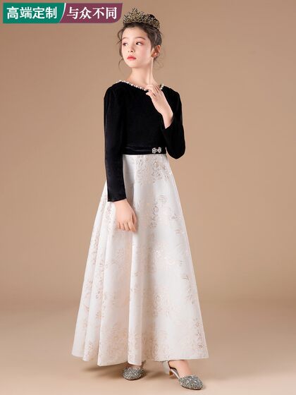 女童小提琴钢琴表演出赫本风礼服中大童主持人秋冬丝绒长袖公主裙