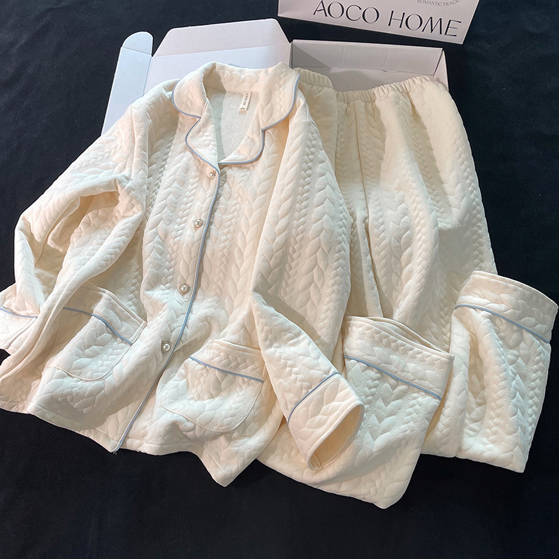 Autumn and Winter Air Cotton Pajamas for Women, Thickened and Warm, Pure Cotton Long-Sleeved Apricot Cardigan, Sweet and Cute Home Wear Set Autumn and Winter Air Cotton Pajamas for Women, Thickened and Warm, Pure Cotton Long-Sleeved Apricot Cardigan, Sweet and Cute Home Wear Set