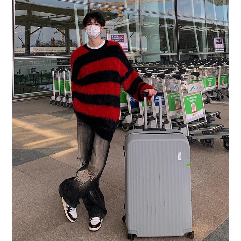 Imitation Mink Sweater with Red and Black Stripes, Contrasting Colors, Men's 2024 Autumn and Winter American Style Loose Casual Lazy Style Knit Top