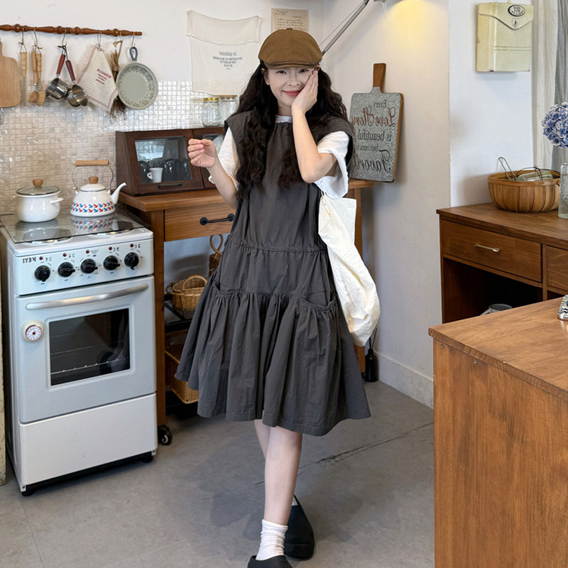 Plus Size Women's Clothing, New Summer Korean Style Loose and Slimming Japanese Style Age-Reducing White T-Shirt + Tank Dress Set for Women Plus Size Women's Clothing, New Summer Korean Style Loose and Slimming Japanese Style Age-Reducing White T-Shirt + Tank Dress Set for Women
