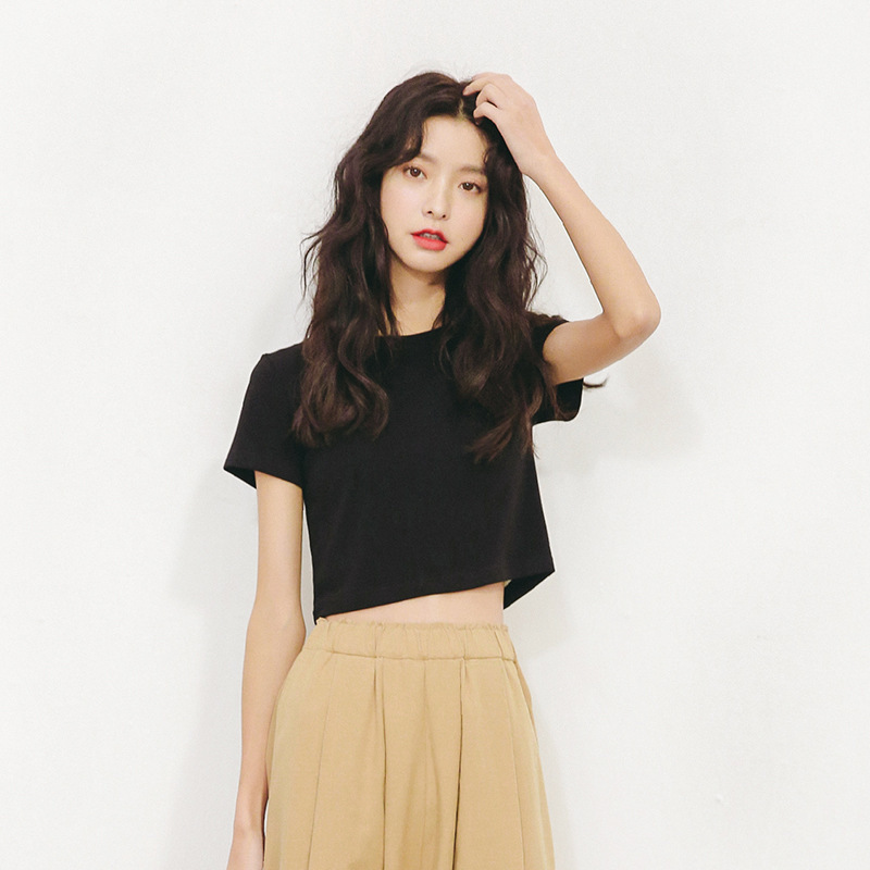 Short Top for Women, Summer High-Waisted, Petite, Slim-Fitting, Thin Base Layer, Pure Cotton, Black, Regular Shoulder, Short-Sleeved T-Shirt