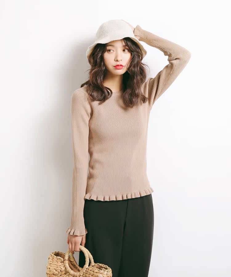 Mùa thu và mùa đông khí chất áo sơ mi nữ ngọt ngào Slim gỗ rắn màu tròn cổ dài tay áo thun áo len nữ áo len đẹp