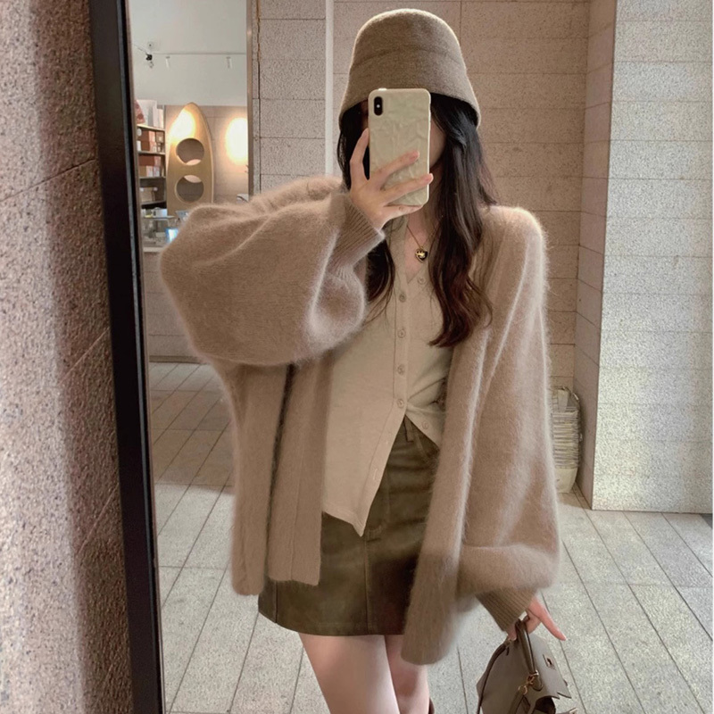Spring Gentle Style Soft Mink Velvet Lantern Sleeve Sweater Cardigan for Women Loose Lazy Style Mohair Knitted Jacket