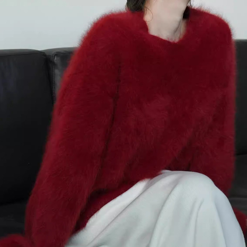 Early Spring Faux Mink Velvet Soft Mohair Red Sweater for Women, Loose and Lazy Style, High-End Feel, Can Be Worn as an Outer Layer