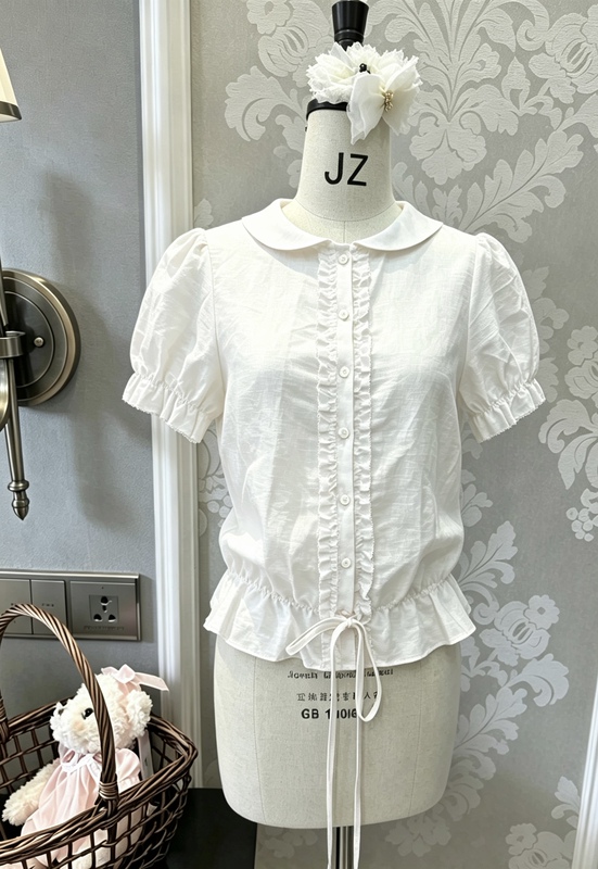 Cupid "Korean Jasmine Flavor" Linen-Cotton Girl's Shirt with Doll Collar and Bubble Waist Short Top Cupid "Korean Jasmine Flavor" Linen-Cotton Girl's Shirt with Doll Collar and Bubble Waist Short Top