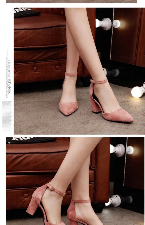 Mùa xuân và mùa thu Hàn Quốc của sandal mũi nhọn da lộn Baotou với giày cao gót có khóa rỗng với đế dày với giày đơn nữ mùa hè dép sandal nữ