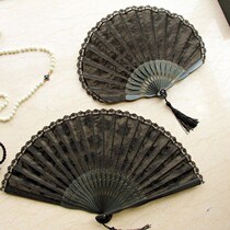 Vintage Palace Day-Style Lace Folding Fan Eurostyle Classical Black Hollowed-out Lace Lady Decoration