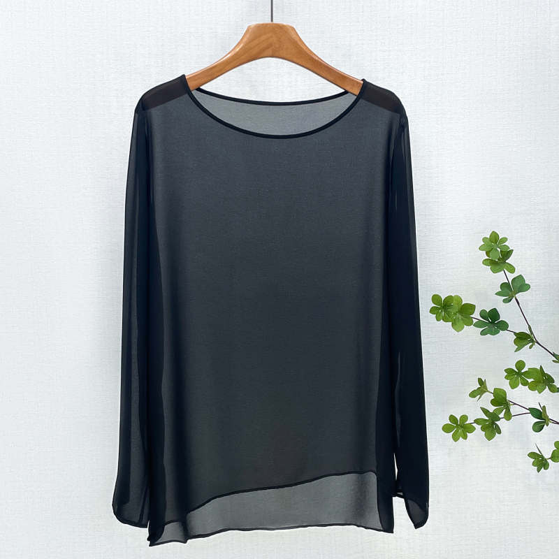 Summer Blouse Top with a Round Neck, Slightly Sheer, Loose and Lazy Style, High-End Feel, Georgette Sun Protection Shirt for Women, Long-Sleeved and Thin Summer Blouse Top with a Round Neck, Slightly Sheer, Loose and Lazy Style, High-End Feel, Georgette Sun Protection Shirt for Women, Long-Sleeved and Thin