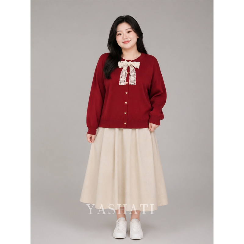 Yashati Plus Size Women's Clothing 100kg Sweet and Elegant New Year's Cardigan with Bow Knitted Sweater for Plus Size Women