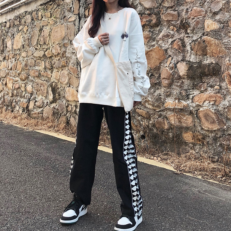 TYST male and female lovers side striped fish bone strings 100 hitch loose sports pants hip hop Hip Hop straight cylinder casual long pants