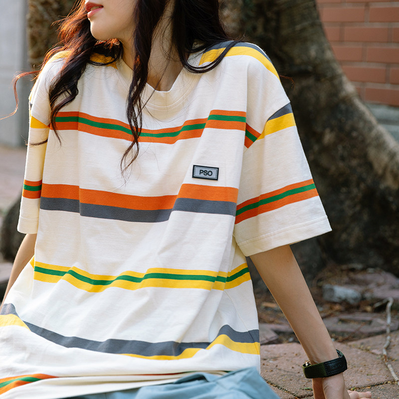 PSO Brand rainbow striped male and female loose tide card T-shirt lovers Summer casual 100 lap pure cotton short sleeves