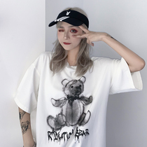 TOURNIQUET HIP HOP STREET DANCE Giant Panda Ink Printed Male and female lovers loose short sleeves 100 lap T-shirt