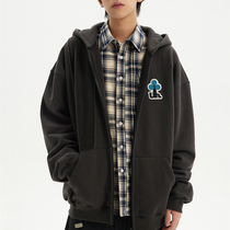 UHUZZ plum blossom tree embroidery male and female couple Japanese retro zipper cardigan loose casual hooded sweater jacket