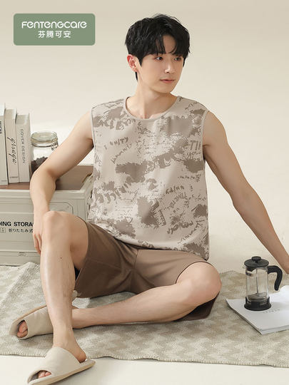 芬腾可安纯棉睡衣男款无袖背心短裤男士加肥加大码夏季薄款家居服