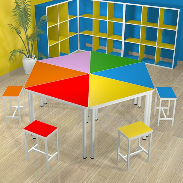 School Student Group Activity Room Training Desks and Chairs Set, Hexagonal Tutoring Class Art Painting Colorful Desks and Chairs