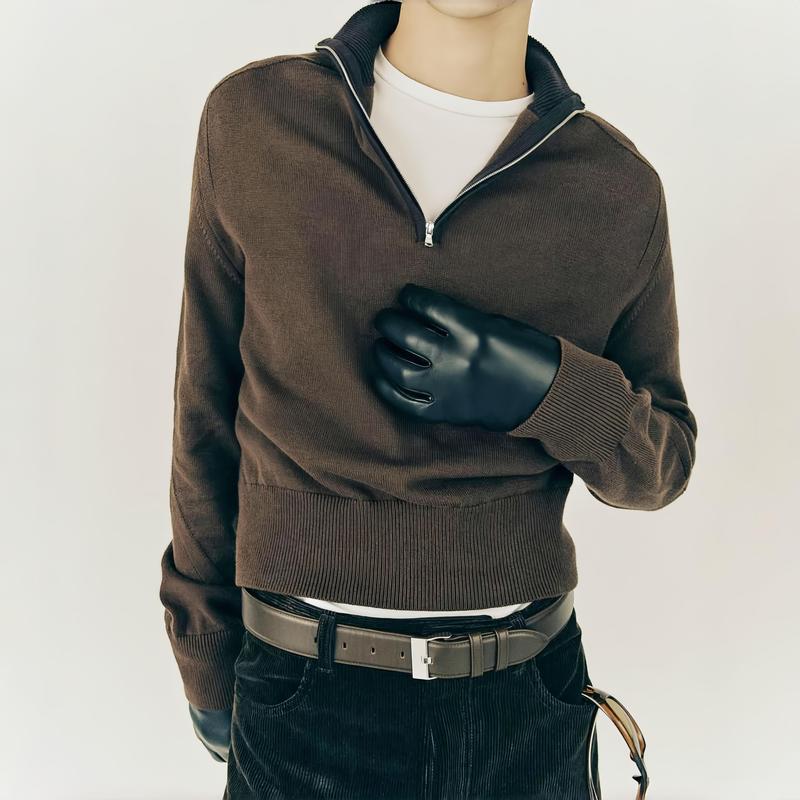 Vujade009-Frank Structured Half-Zip Stand Collar Wool Knit Sweater Simple Short Casual Knitwear