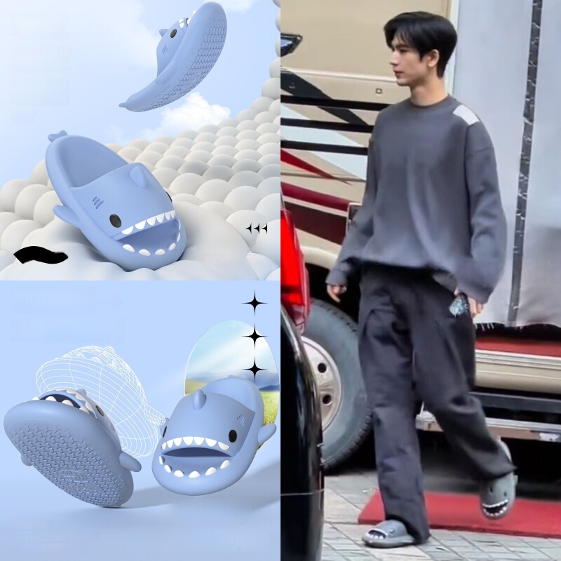 Zhang Linghe Celebrity Style Small Shark Slippers for Women, Summer Thick-Soled Non-Slip Bathroom Shower Couple Outdoor Sandals for Men
