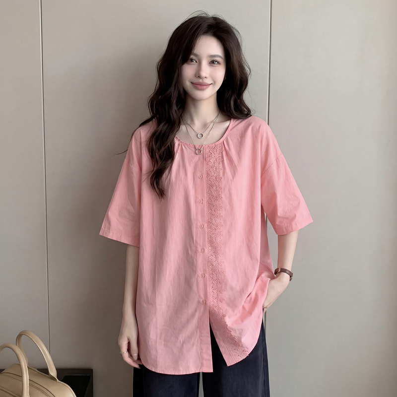 Pink Lace Patchwork Short-Sleeve Shirt for Women, Summer Plus-Size, Slimming, Trendy, Age-Reducing, Mid-Length Top