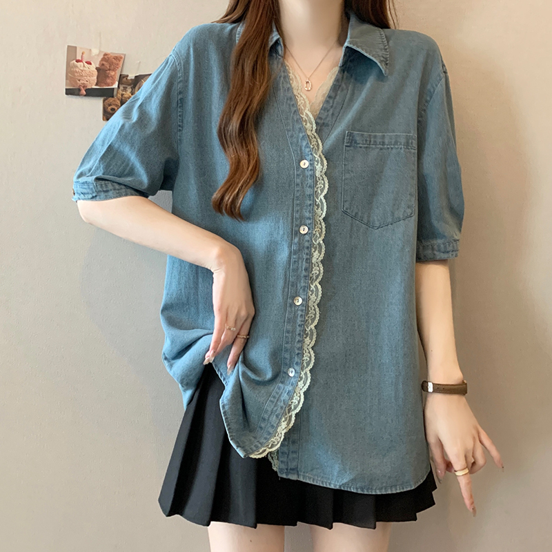 Hong Kong Style Retro Lace-Trimmed Polo Collar Short-Sleeved Denim Shirt for Women, Plus Size, Loose Design, Niche Top