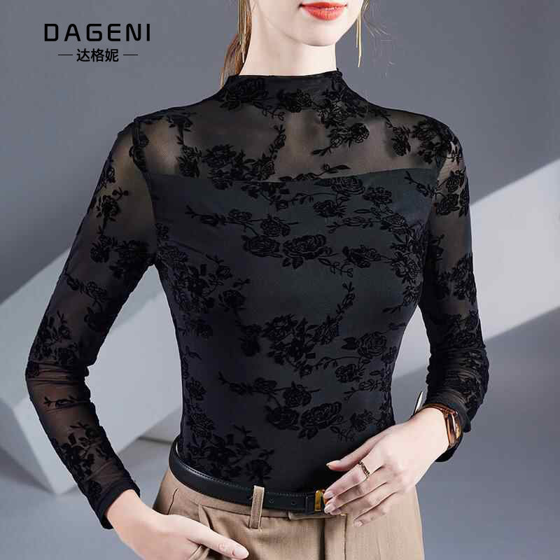 Half Turtleneck Bottoming Shirt for Women, Classy Mesh Flocking Inner Layer, Spring & Fall Long-Sleeved T-Shirt, Versatile Slimming Look Lace Top