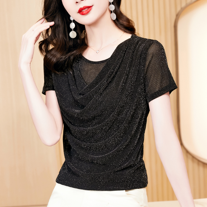 Fashionable Mesh Short-Sleeve T-Shirt for Women, Summer 2026 New Style, Stylish and Slimming Top, Lace Base Shirt for Mothers