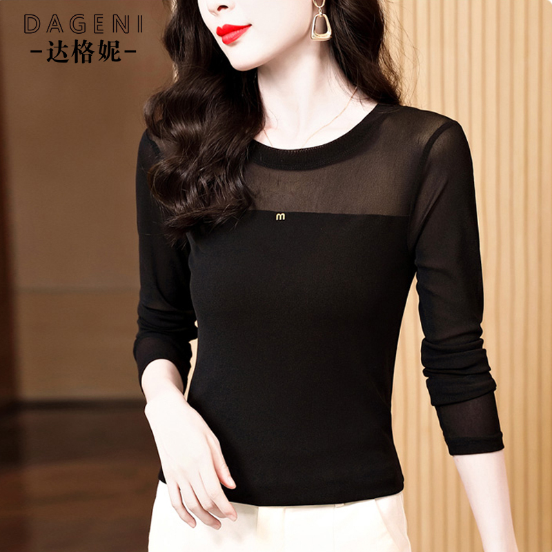Round Neck Black Mesh Base Shirt for Women, Autumn 2026 New Slim-Fit Long-Sleeve T-Shirt, Lace Top