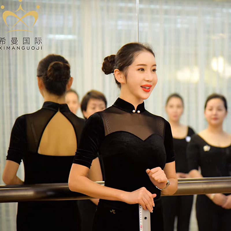 High neck plaster mesh velvet mid-sleeve sexy big lu beauty back body dance practice top etiquette catwalk modern dress