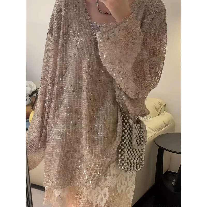 Plus-Size Korean Women's Clothing, New Spring Style for Curvy Women, Vintage Elegant Exquisite Hollow-Out Sequin Loose Long-Sleeve T-Shirt Top