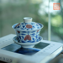 Long things live in blue and white glaze red twinned lotus bowl Jingdezhen hand-painted antique ceramic tea set three talent bowl