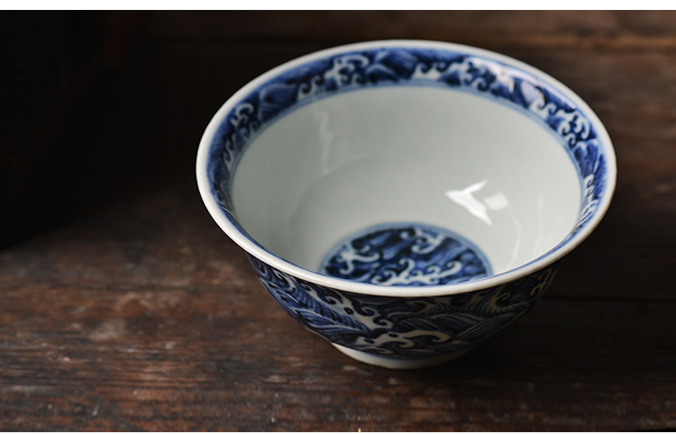 Hand - made long up controller 】 【 bowl of jingdezhen blue sea grain palace manual archaize ceramic bowl