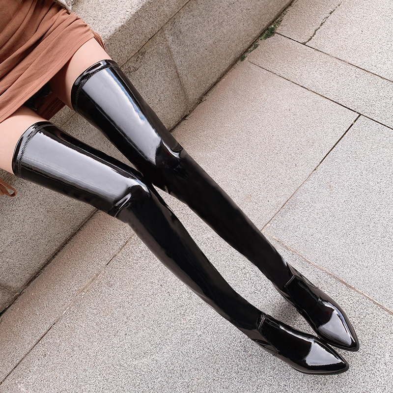 Extra-Long Over-The-Knee Boots for Women, Ultra-High Pointed Toe Thigh Boots, Thick High-Heeled Patent Leather Extended Boots, Cross-Dresser Plus Size 41-45