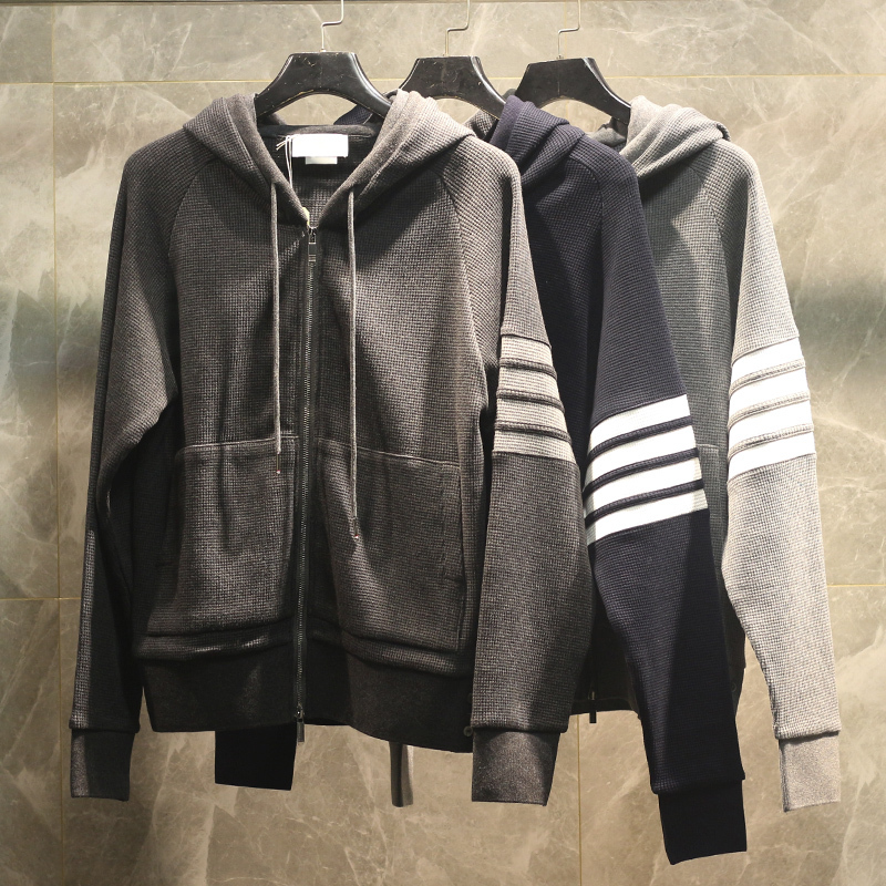 Destroy the World! 26Ss High-End New Spring and Autumn Sports Four-Stripe Hooded Waffle Tb Sweatshirt Jacket Unisex Hoodie Trendy