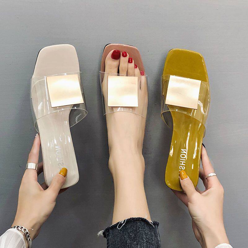 Women's crystal transparent slippers women wear summer thick heel fashion Korean version 2019 new high-heeled beach shoes women