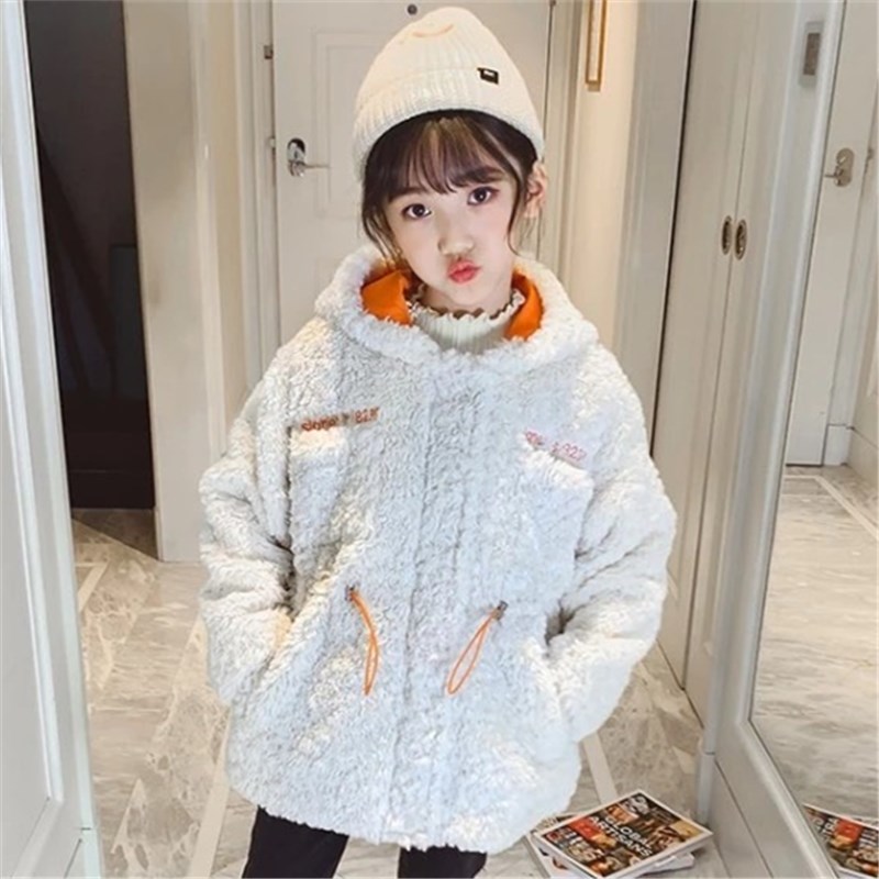 Next win girl lamb suede jacket with cap 2021 winter dress new thickened foreign pie children sweaters Korean version of the tide