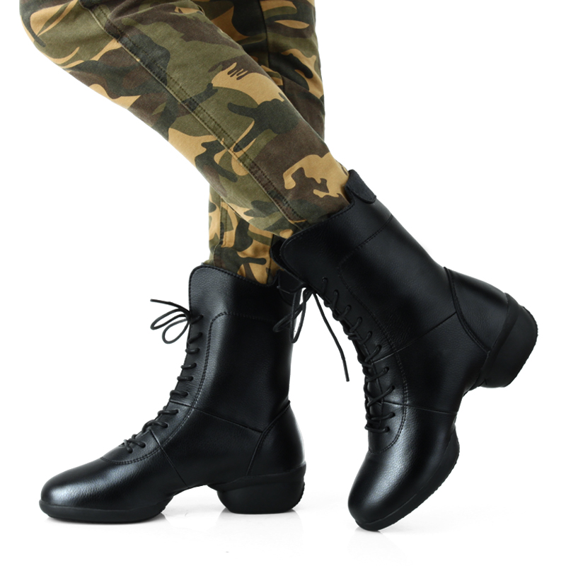 Cow Leather Heightening High Cylinder Modern Dance Shoes Lady Adults Black Square Jazz Dancing Shoes Soft Bottom Water Soldiers Dance Boots