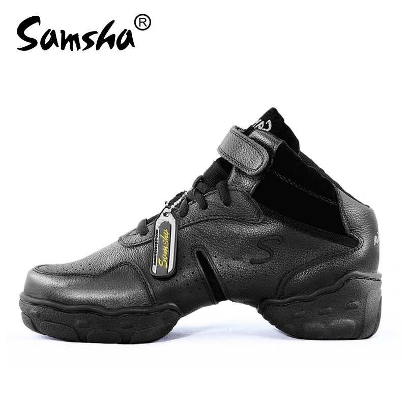 Men's dance shoes women's black modern jazz dance shoes dancing shoes genuine leather cowhide soft bottom high-top outer wear high-top square