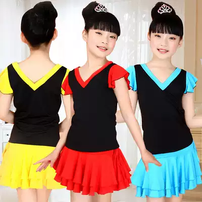 Girls Latin dance skirt Children's little girl two-piece short-sleeved competition practice regulations examination clothes Young children children summer
