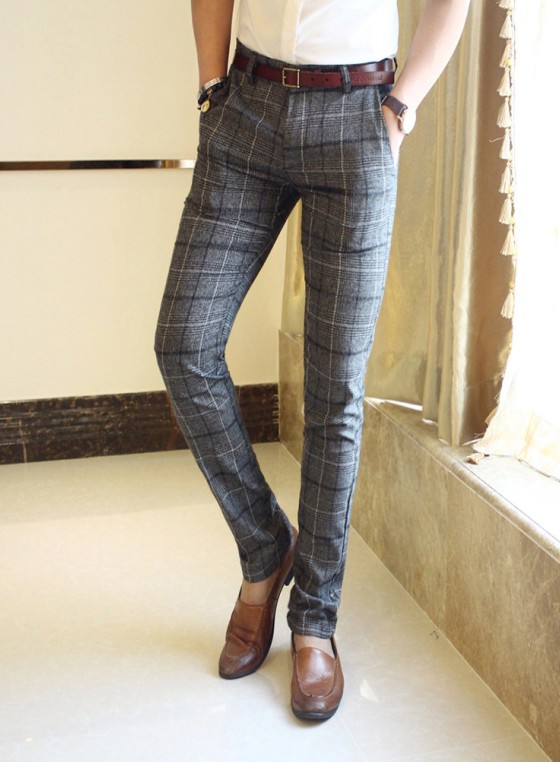 New Mens Plaid Slim Fit Straight Leg Casual dress Pants Trousers Pants ...