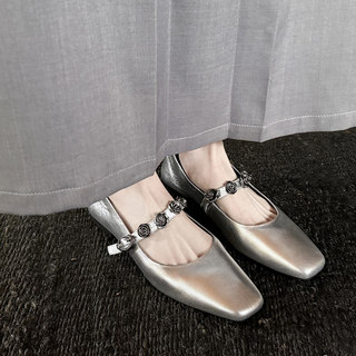Genuine Leather Square Toe Camellia Buckle Mary Jane Shoes for Women Silver Shallow Mouth Women's Shoes Comfortable and Versatile Flats Shoes