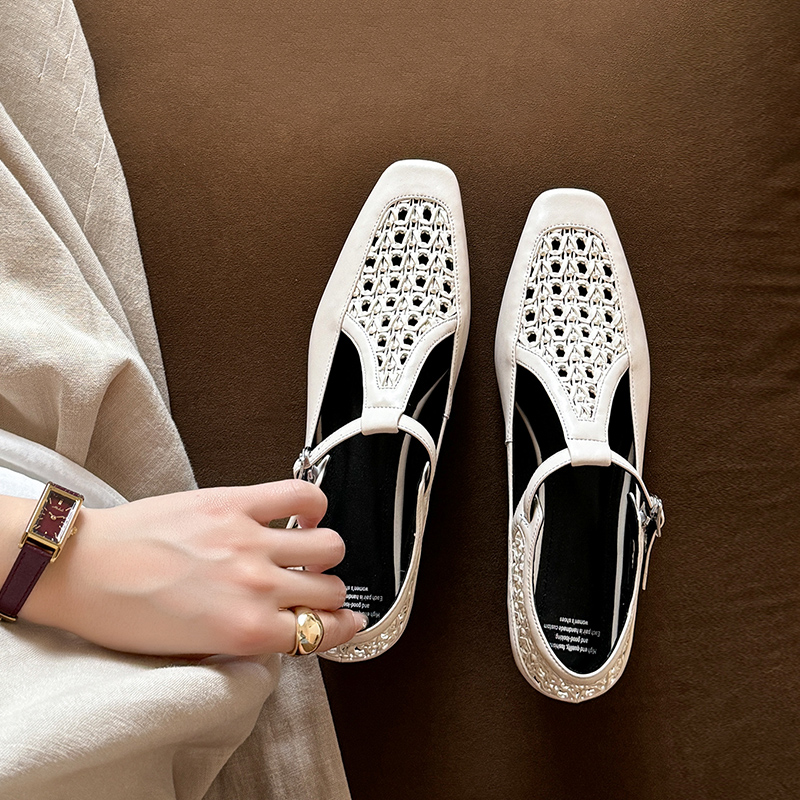 本革ニッチデザイン中空織りTストラップメリージェーンレディースシューズフレンチスクエアトゥ浅めローヒールシングルシューズレディース